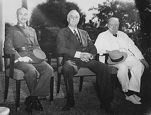 Franklin D. Roosevelt, Chiang Kai-shek, and Winston Churchill at the Cairo Conference, 1943.