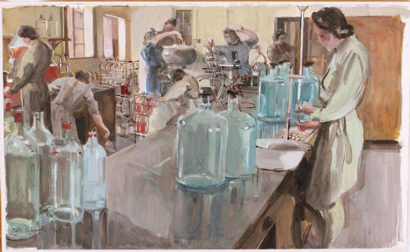 In the foreground a woman in a green uniform stands at a bench covered with empty bell jars. To the left another woman is pouring blood from one jar to another through a funnel. In the background there are racks of jars, some full, some empty next to two 