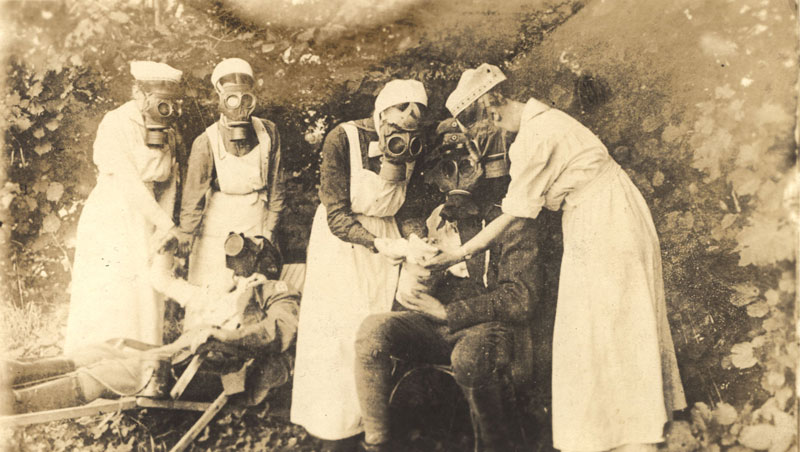 Nurses in gas masks at the trenches, Germany (c.1916)