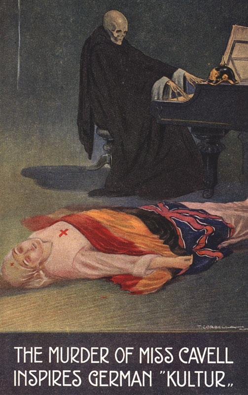 Propaganda postcard of German culture (depicted as Death playing the piano) taking inspiration from the death of Edith Cavell. Illustrated by T. Corbella (1915)