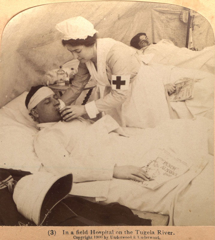 Stereograph depicting a nurse treating a patient during the Second Anglo-Boer War (1900)