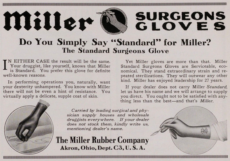 Advertisement for Miller Surgeons' Gloves in The Modern Hospital, vol. X, no. 1 (Jan 1918)