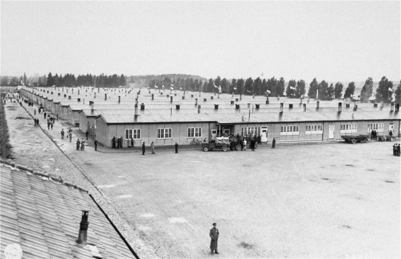 View of prisoners' barracks soon after the liberation of the Dachau concentration camp, 1945.