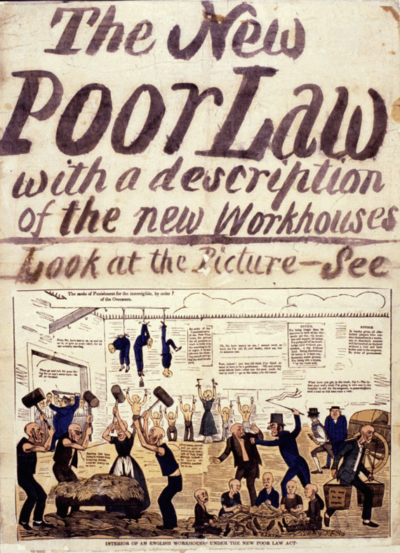 Poster with a cartoon depicting the effects of the Poor Law on a workhouse (c.1834)