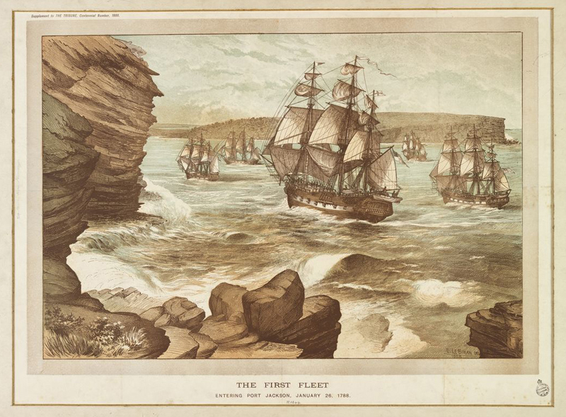 The First Fleet Entering Port Jackson on 26 January 1788 by E. L. Bihan (1888)